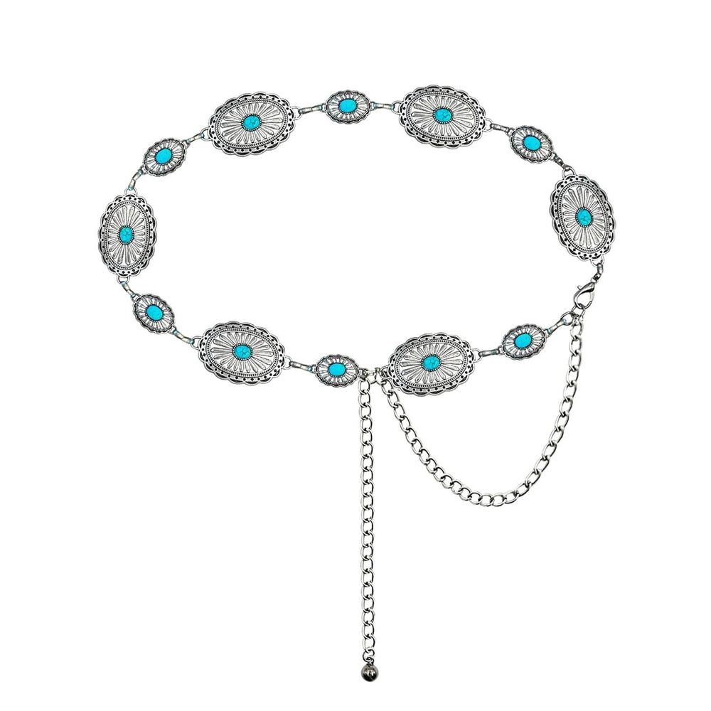 Silver Turquoise Concho Belts for Women Western Metal Cowgirl Boho Chain